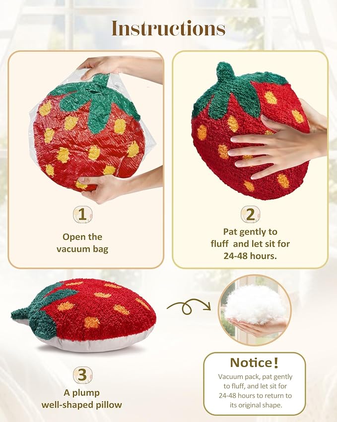 Strawberry Shaped Throw Pillow - Cute Decorative Plush Throw Pillow for Couch, Sofa, or Living Room, 17.7" x 13" Red Soft Cushion for Home Decor