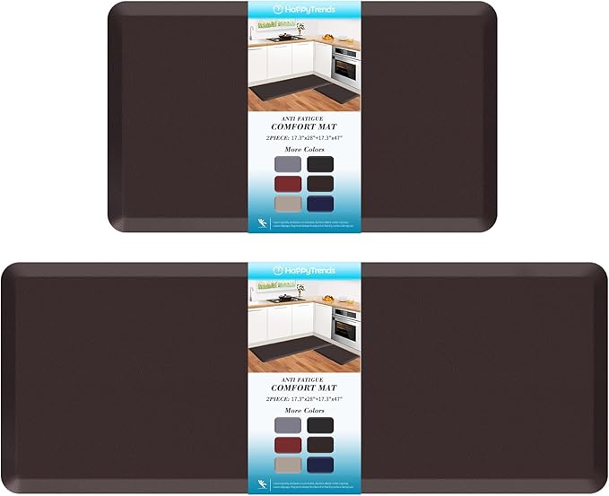 HappyTrends 2 PCS Kitchen Mat Cushioned Anti-Fatigue Floor Mat, Heavy Duty Ergonomic Comfort Foam Standing Mat,20"x30"+20"x47",Chocolate