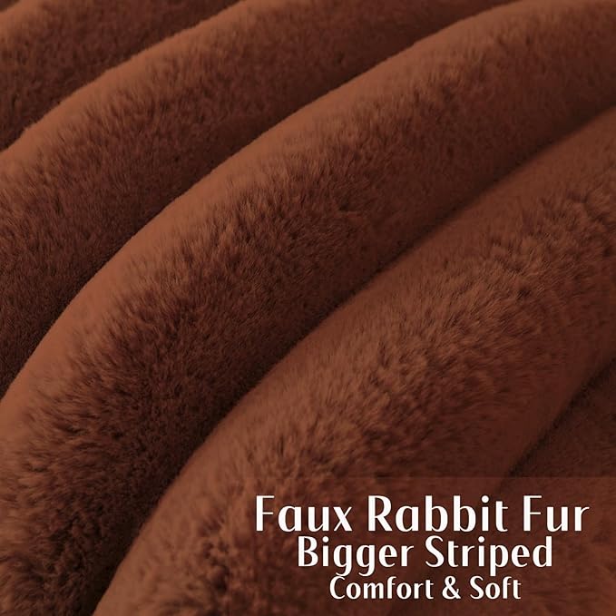 FUTEI Rust Decorative Throw Pillow Covers 26x26 Inch Set of 2, Square Soft Faux Rabbit Fur Big Striped Cushion Cover,Home Decor for Couch Sofa Bed Living Room
