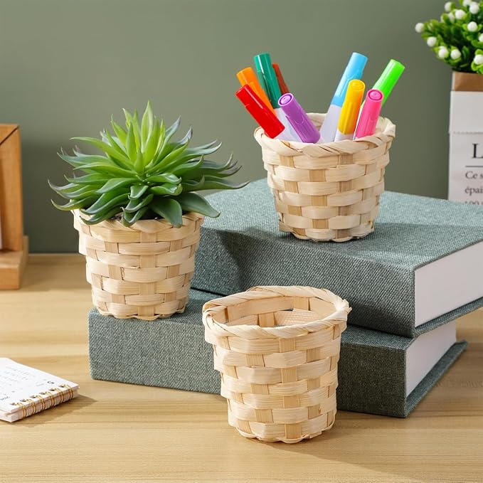 Zerodeko Mini Woven Bamboo Storage Basket 3.54X3.54X2.95 Inch Portable Set of 10 Natural Rustic Organizer for Home Office Tabletop Fruit Display and Artificial Flower Holder