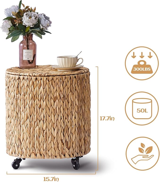 Wimarsbon 2Pcs Pouf Ottomans, Natural Seagrass Foot Stool, Hand Weaving Round Ottoman, Boho Decorative Seat, Jute Braided Pouffe Poof Accent Sitting Footrest (Storage Natural Water Hyacinth)