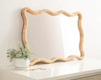 Kate and Laurel Rahfy Boho Scalloped Rectangle Rattan Wall Mirror, 24 x 36, Natural Wood, Decorative Rectangular Wavy Mirror with Authentic Rattan Frame for Bathroom Mirror Decor
