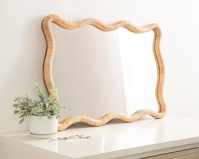 Kate and Laurel Rahfy Boho Scalloped Rectangle Rattan Wall Mirror, 24 x 36, Natural Wood, Decorative Rectangular Wavy Mirror with Authentic Rattan Frame for Bathroom Mirror Decor