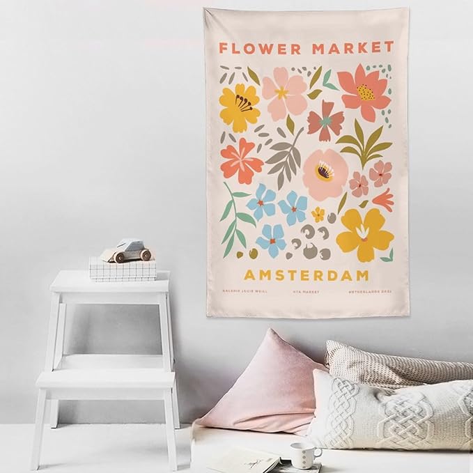 Chordity Danish Pastel Botanical Flower Market Aesthetic Floral Plants Tapestries Wall Hanging Tapestry Decorative Flag For Home Decor Living Room College Dorm Bedroom Banner Poster 40 * 60 Inch