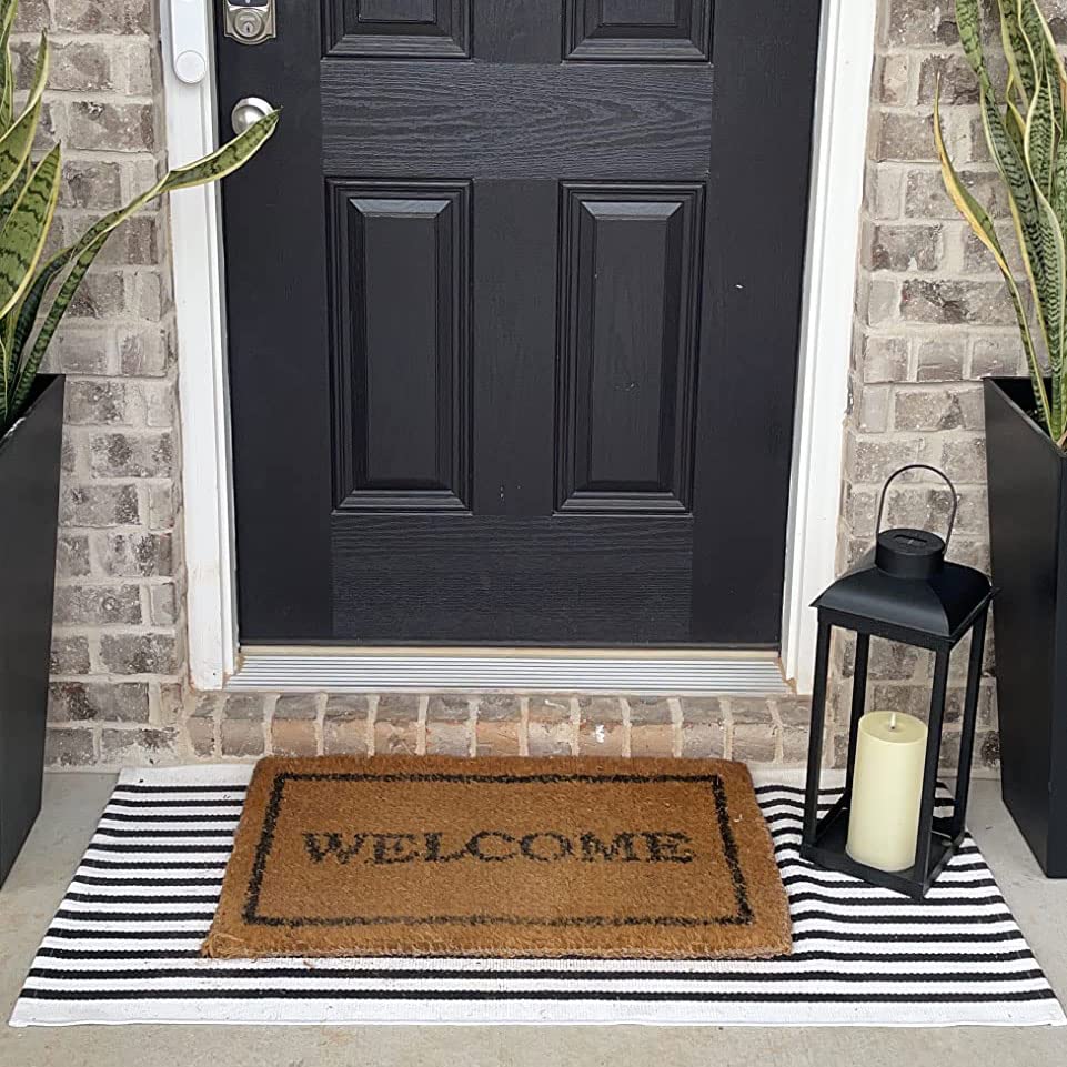 Black and White Outdoor Rug 2' x 4.3' Striped Front Porch Rug Hand-Woven Cotton Rug Machine Washable Floor Mat Indoor/Outdoor Area Rug for Layered Door Mats/Farmhouse/Living Room (2' x 4.3') - color: Black&white Stripe Bb, size: 2' x 4'4" (Rectangular)
