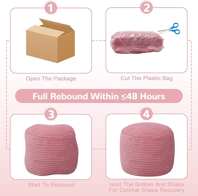MeMoreCool Stuffed Round Pouf Ottoman Foot Rest, Soft Plush Floor Pouf Foot Stool, Corduray Footstool Footrest, Small Round Ottoman for Living Room Couch Sofa Chair, 20x15 Inch Pink