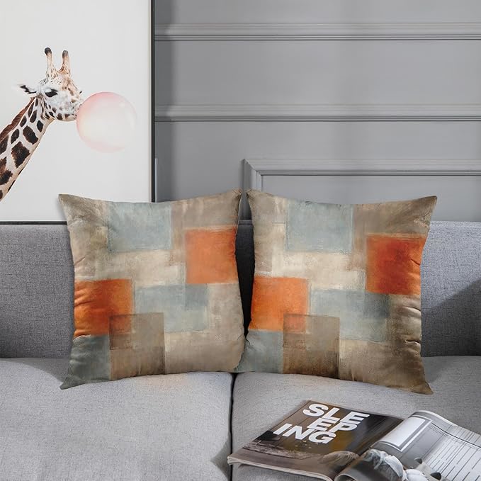 Britimes Throw Pillow Covers Modern Home Art Decor, 16 x 16 Inches Set of 2 Pillow Cases Decorative, Abstract Oil Painting Pillowcases for Bedroom, Living Room, Cushion Couch Sofa, Grey Orange