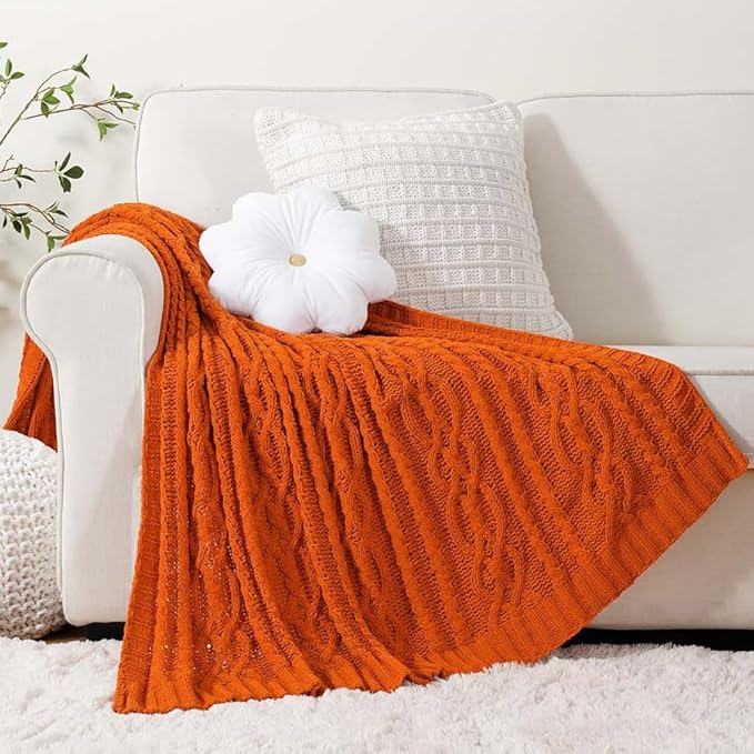 Battilo Burnt Orange Throw Blanket for Couch, 51" x 67", Soft Warm Cozy Chenille Knit Blanket Boho Halloween Blanket Fall Decor, Fall Throw Blanket for Bed, Sofa, Living Room