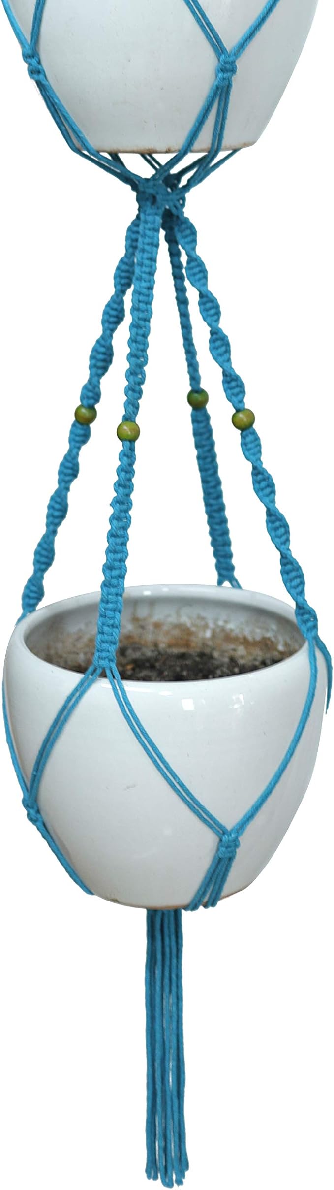 Macrame Plant Hanger & Holder, Hanging Planter 4 Legs Double Deck for 8 inch to 10 inch Two Pots Indoor Outdoor Hanging Planter Cotton Rope 67 Inch with Metal Ring (Cotton-Turquoise)