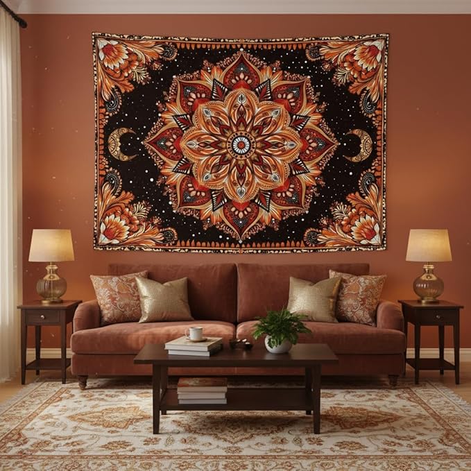 Accnicc Mandala Floral Tapestry Wall Hanging Boho Orange Red Tapestry Aesthetic Hippie Vintage Bohemian Flower Celestial Indian Cute Large Tapestries for Bedroom Living Room Dorm Decor 80 x 60 Inch