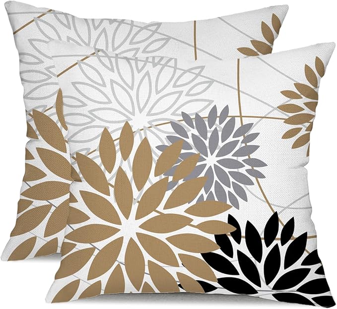 DFXSZ Brown and Black Floral Pillow Covers 18x18 Set of 2 Outdoor Waterproof Decorative Throw Pillows Summer Pillow Covers Polyester Cushion Case Decor for Couch Patio Funiture Garden Porch 01Y18