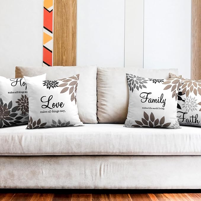 Tatuo 4 Pcs Flower Pillow Covers Square Spring Pillow Cushion Cases 18 x 18 Inch Family Faith Hope Love Words Decorative Summer Winter Cushion Case for Bed Couch Sofa Living Room(Brown Series)