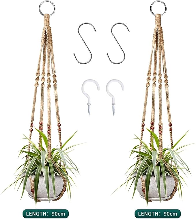 Macrame Plant Hanger Indoor Hanging Planter Basket with Wood Beads Decorative Flower Pot Holder No Tassels for Indoor Outdoor Boho Home Decor 35 Inch, Ivory (POTS NOT Included)