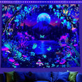 Blacklight Fantasy Forest Tapestry Moon Mountain Lake UV Reactive Tapestry Glow in the Dark Mushroom Tapestries Wall Hanging Galaxy Space Blacklight Tapestries for Bedroom Living Room Decor 51”x59”