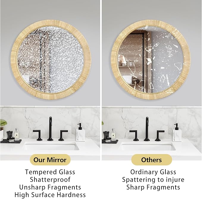 24" Decorative Wall Mirror with Natural Rattan Frame, Round Boho Bathroom Mirror Modern Makeup Mirror Contemporary Wall Mirrors for Bedroom, Living Room & Vanity Versatile Farmhouse Design