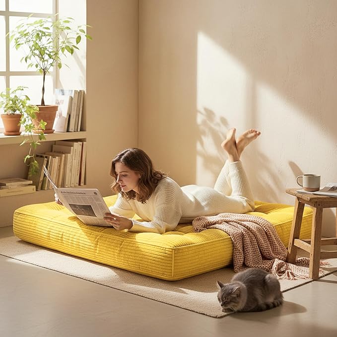 63 Inch Folding Bench Cushion, 4 Inch Thick 2-in-1 Convertible Long Floor Lounger Boneless Cushions Couch Mattress Upholstered for Yoga, Reading, Sleeping, Meditation Living Room(Yellow)