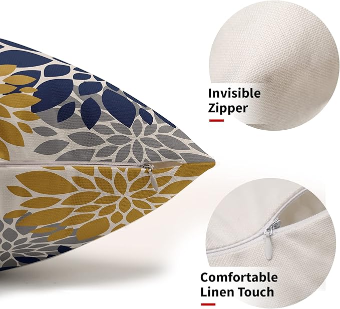 Navy Blue Yellow Pillow Covers 12X20 Inch Set of 2, Modern Geometry Dahlia Floral Print Decorative Rectangle Throw Pillow Covers Outdoor Farmhouse Cushion Case for Home Couch Sofa Bed Decoration