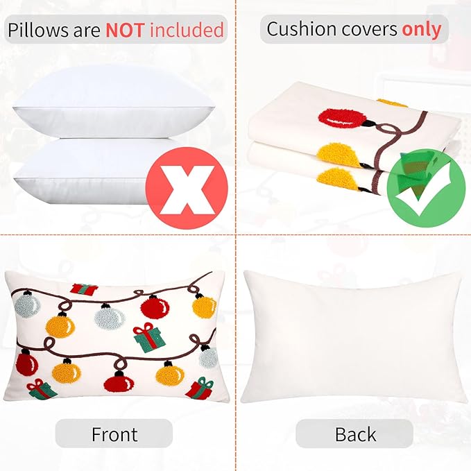 Christmas Embroidered Lumbar Pillow Covers Farmhouse Tufted Pillow Covers Winter Holiday Decorative Couch Covers 12x20 Christmas Lights Square Cushion Cases Set of 2 for Living Room Couch Sofa Bed
