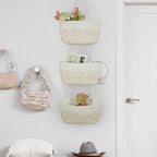 TeoKJ 3-Tier Woven Cotton Wall-Mounted Hanging Storage Baskets, Over the Door Organizer Bin for Kids Room, Bathroom, Bedroom, Kitchen, White & Rainbow Stitching