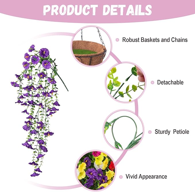 Artificial Flowers with Hanging Basket, Outdoor Faux Plants Silk Morning Glory Vines, Fake Petunias for Garden Patio Spring Summer Decor, 12 pcs Mixed Color