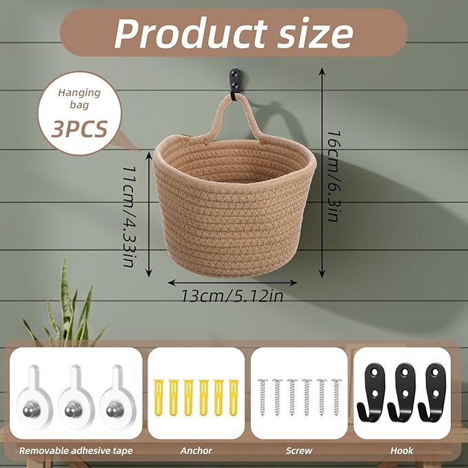3 Pack Fabric Wall Hanging Baskets Small Woven Hanging Basket with Handle and Hooks Boho Style Cotton Rope Flower Plants Baskets Decor for Living Room,Bedroom,Bathroom, 5.12 ×6.3", Linen