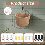 3 Pack Fabric Wall Hanging Baskets Small Woven Hanging Basket with Handle and Hooks Boho Style Cotton Rope Flower Plants Baskets Decor for Living Room,Bedroom,Bathroom, 5.12 ×6.3", Linen