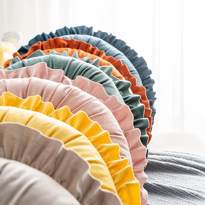 S SSOY Velvet Ruffle Pillow - Round, Plush, Home Decor for Sofa, Chair, Bed, Window, Floor - 13.7in