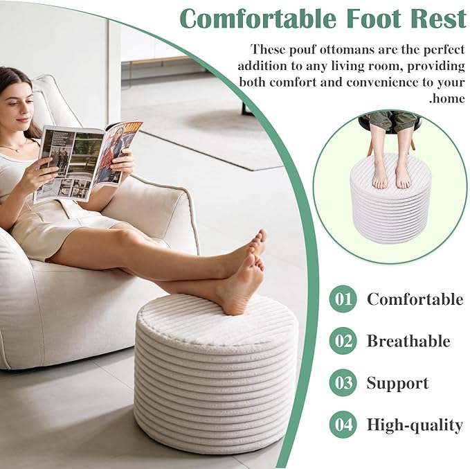 Round Pouf Ottoman, Stuffed Floor Pouf with Foam Chunk Filling, Soft Coral Fleece Furry Foot Rest Stool, Multi-Use Ottoman for Living Room, Wide Stripe Boho Decor, White