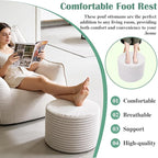 Round Pouf Ottoman, Stuffed Floor Pouf with Foam Chunk Filling, Soft Coral Fleece Furry Foot Rest Stool, Multi-Use Ottoman for Living Room, Wide Stripe Boho Decor, White