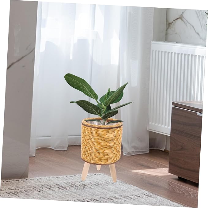 Large Wicker Basket Plant Stand Indoor Wooden Round Woven Planter Rattan Flower Pot Holder Flower Pot Shelf for Home Decor