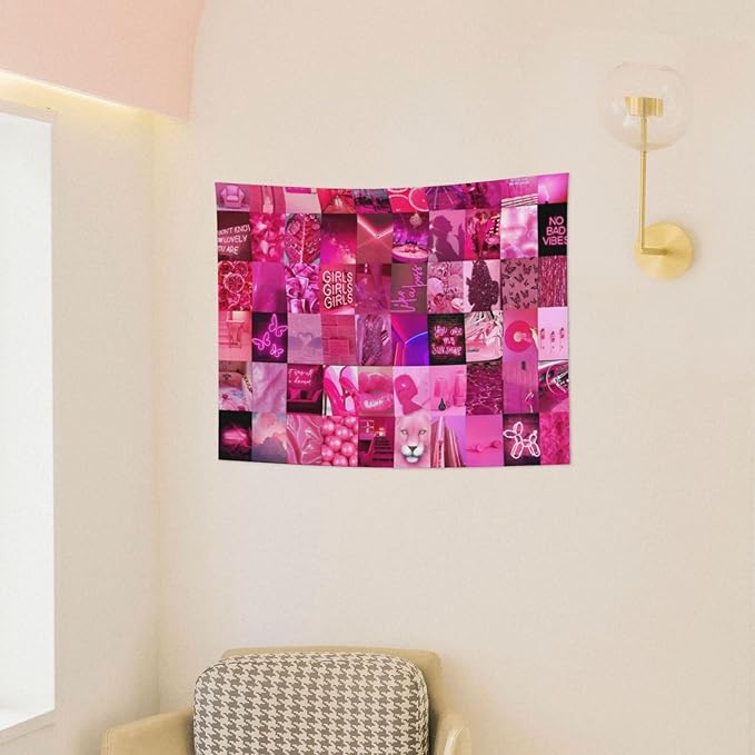 Ochori Neon Pink Aesthetic Collage Tapestry 29x37 In Aesthetic Wall Hanging Decorative Tapestries Cute Preppy Banner For Teen Girl Bedroom College Dorm Home Living Room Party Decor