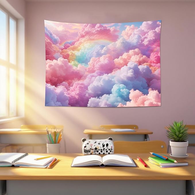 LB Pink Cloud Tapestry Pastel Cloud with Rainbow Sky on Colorful Background Tapestry Wall Hanging Aesthetic Nature Wall Decor for Bedroom Living Room Dorm 59Wx51L Inches