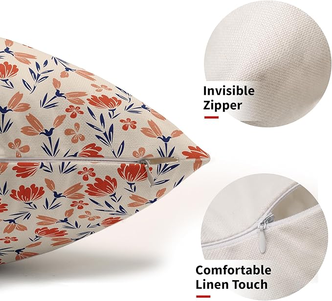 Navy Blue Orange Floral Pillow Covers 12x20 Set of 2 Vintage Rustic Old Style Cute Small Flower Print Rectangle Decorative Outdoor Pillowcases Fall Throw Cushion Case Decor for Couch Sofa Bed