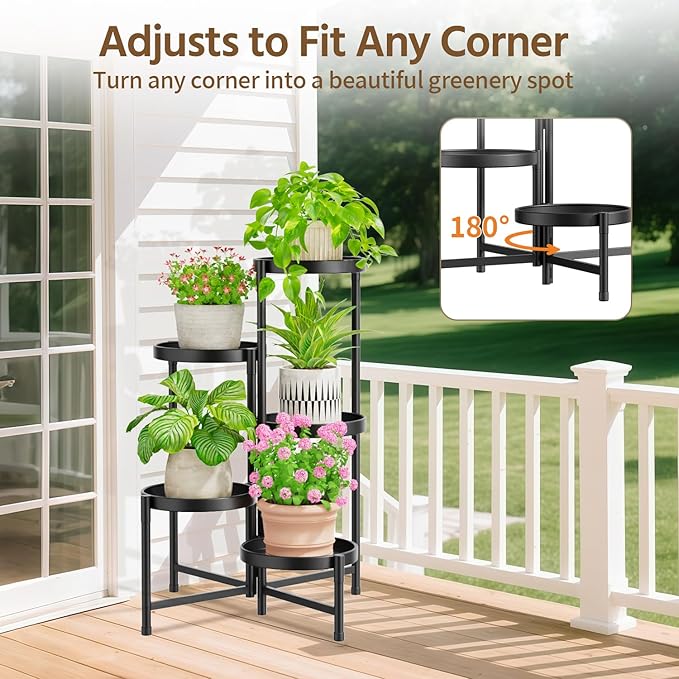 LASZOLA 5 Tier Large Plant Stand Indoor Tall with 10 Inch Metal Tray, Corner Folding Flower Display Rack, Modern Plant Holder Shelf for Outdoor Patio Porch Garden Office Living Room, Black