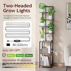 Plant Stand Indoor with Grow Light, 7-Tiered Tall Plant Stand Indoor, Metal Plant Shelf with Bookshelf Bookcase and Adjustable Light, Ideal for Living Room, Reading room, Garden, Patio (Brown)