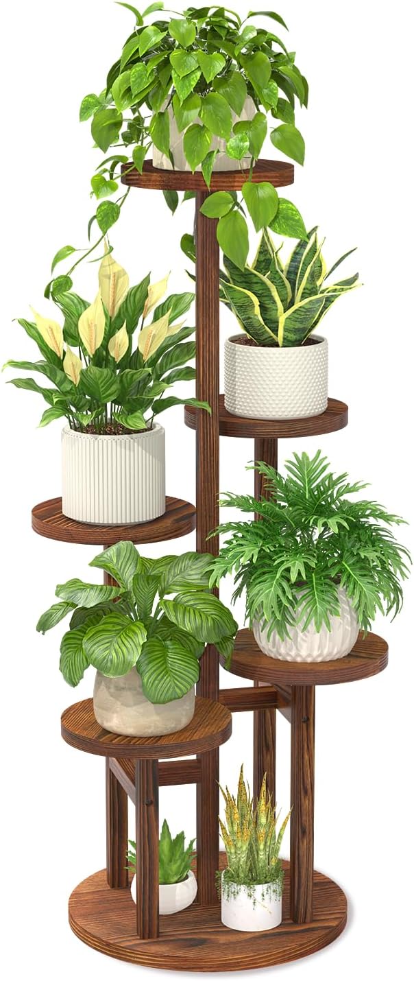 LASZOLA Brown 5 Tiered Wooden Plant Stand Indoor with Heavy Duty Planter, Large Multiple Level Vertical Flower Rack for Narrow Corner, Sturdy Rustic Shelving Organizer Holder for Modern House Bathroom