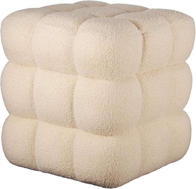 17''3 Square Ottoman Pouf Installed,Sturdy Wooden Frame,Capacity 330 lbs,Modern Sofa Stool Fuzzy Sherpa Footstool,Foot Rest,Cube Boucle,Vanity Stool,for Couch Living Room(Peach Fur)