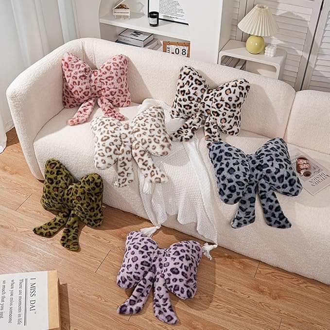 2Pcs Leopard Print Bow Throw Pillow Furry Bow Plush Pillows Cute Flower Plush Pillow Cheetah Home Decor Stuffed Bow Lumbar Pillow for Bed Couch Living Room Decor (Pink, 16in)
