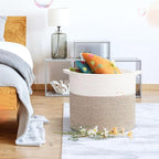 Laundry Hamper,Blanket Basket in Living Room Decor,Pure Cotton Rope Woven Basket for Dirty Clothes,Storage Basket for Nursery Bin,Baby Toy Storage,15.5 * 13.5 inches-40L White & Brown Mixed