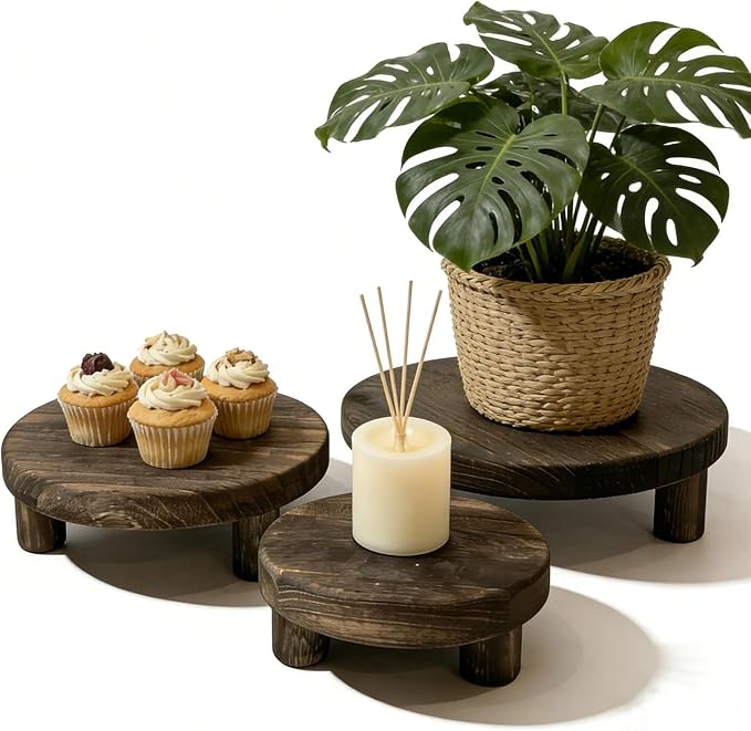 6"/8"/10" 3pcs Unfinished Rustic Wood Stands - Wooden Round Riser - Plant Risers Stand for Decor Display