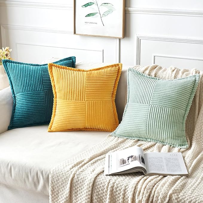 MIULEE Spring Decorative Throw Pillow Covers for Couch Bed Livingroom 16x16 Inch Set of 2 Light Green Boho Accent Throw Pllows Broadside Striped Patchwork Soft Corduroy Summer Pillowcases