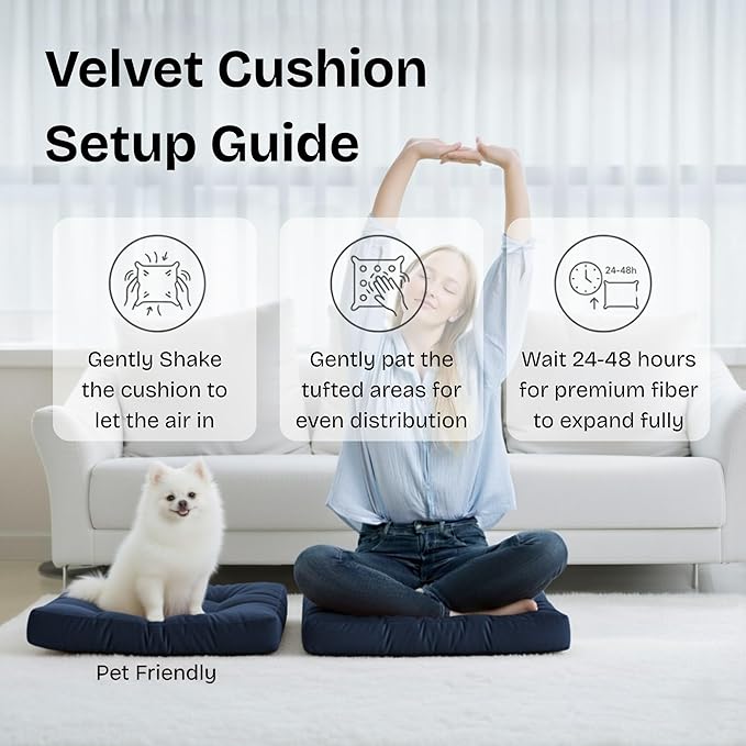 Floor Pillow for Sitting, Large Velvet Floor Seating Cushion for Adults, Tufted Big Pillow for Meditation, Yoga & Living Room, Machine Washable, 22x22 Inch, Navy
