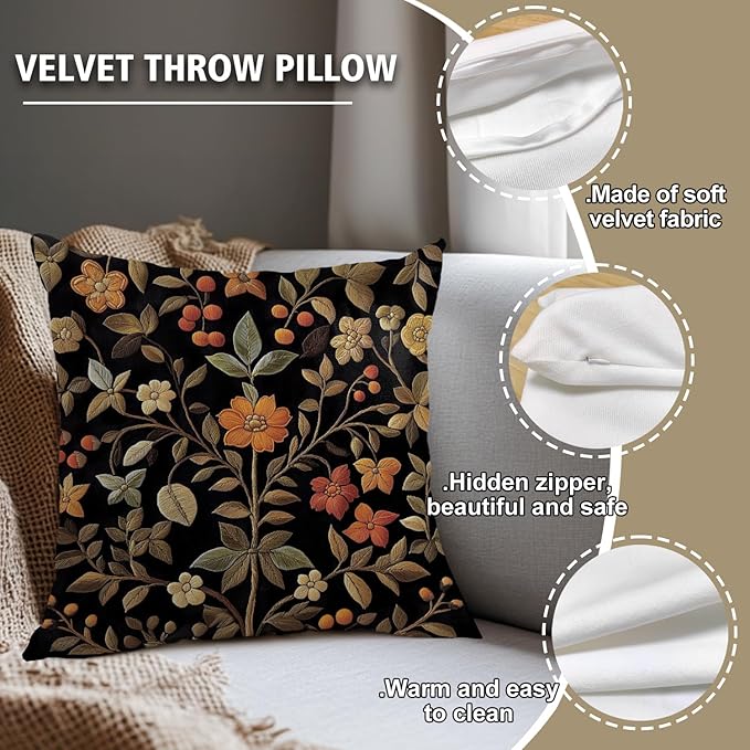 William Morris Abstract Vintage Print Floral Velvet Design Throw Pillow Covers Home Decor, Retro Art Decor Pillowcase Cushion Cover for Bed Sofa Living Room, Square 18x18inch (Black-Floral)