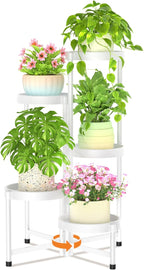 LASZOLA 5 Tiered Plant Stand Indoor Outdoor with Plastic Tray, Corner Folding Tall Flower Display Rack, Modern Plant Holder Shelf for Outdoor Patio Porch Garden Office Living Room, White