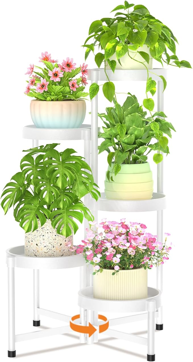 LASZOLA 5 Tiered Plant Stand Indoor Outdoor with Plastic Tray, Corner Folding Tall Flower Display Rack, Modern Plant Holder Shelf for Outdoor Patio Porch Garden Office Living Room, White