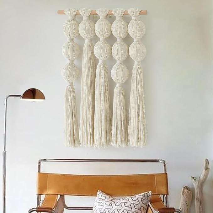Macrame Wall Hanging Boho Wall Decor with Cotton Ball Tassels Handmade Fiber Wall Art for Living Room Bedroom