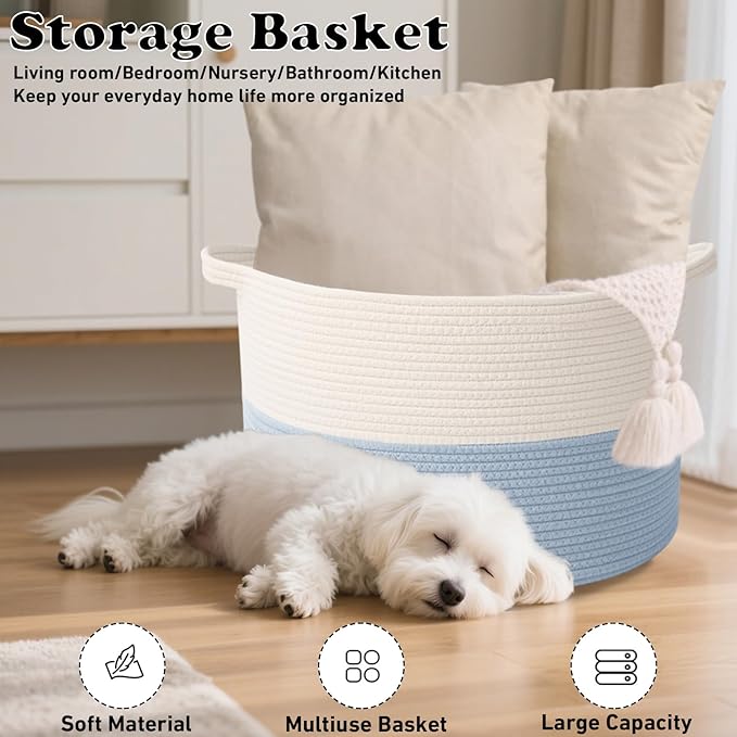 90L Large Blanket Basket,21.7"L x 21.7"W x 13.8"H Rope Woven Baskets with Handles, Toys Storage Bins,Laundry Basket Perfect for Living Room, Nursery,Bedroom,Home Organization,White&Blue