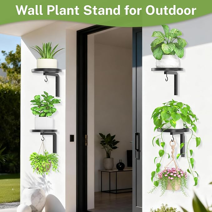 iDavosic.ly Wall Plant Holder Set of 4 for Indoor Outdoor, Metal Hanger with 4 Hooks, Floating Flower Display Stand for Window, Space Saving & Easy to Assemble (Pots/Chains/Plants Not Included)