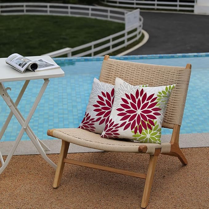 DFXSZ Wine Red Green Flower Pillow Covers 18x18 Inch Set of 2 Outdoor Throw Pillows Outdoor Waterproof Decor for Living Room Sofa Patio Funiture Garden Floral Polyester Pillow Covers 002U18