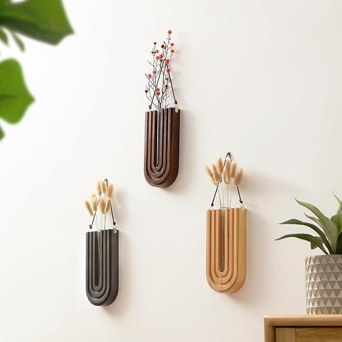 Wood Wall Planter Indoor, Propagation Station, Wooden Hanging Vase for Dried Flowers, Plant Holder, Boho Wall Décor for Living Room Rainbow U Shape (Set of 3)